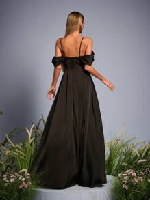 Mgiacy 露肩带 V 领褶饰亮片透视缎面连衣裙，侧开衩，伴娘礼服 - 黑色 - 查看 6