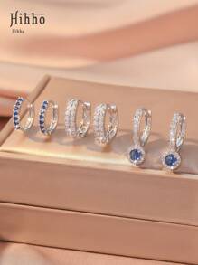 Hihho 6 件套优雅蓝宝石蓝色闪亮方晶锆石镶嵌经典双环吊坠耳环，女士珠宝礼品套装，适合约会、情人节礼物、妈妈、母亲、母亲节、礼物 - 銀色 - 查看 1