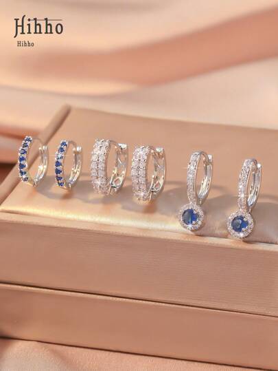 Hihho 6pcs Set Elegant Sapphire Blue Sparkling Cubic Zirconia Inlaid Classic Double Hoop Charm Earrings, Women's Jewelry Gift Set For Date, Valentine's Day Gift,Mom,Mother,Mother's Day,Gift