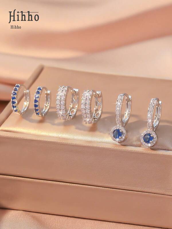 Hihho 6 件套优雅蓝宝石蓝色闪亮方晶锆石镶嵌经典双环吊坠耳环，女士珠宝礼品套装，适合约会、情人节礼物、妈妈、母亲、母亲节、礼物