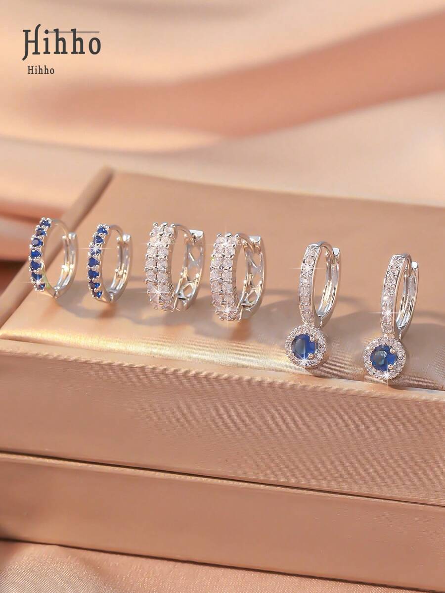 Hihho 6 件套优雅蓝宝石蓝色闪亮方晶锆石镶嵌经典双环吊坠耳环，女士珠宝礼品套装，适合约会、情人节礼物、妈妈、母亲、母亲节、礼物 - 銀色 - 查看 1