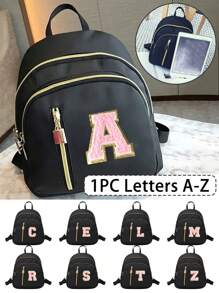 女士尼龙材质时尚背包，粉色毛巾刺绣字母A-Z，多功能时尚设计包，拉链封口，大容量学生多口袋背包，女孩背包，小女孩背包，中小学生背包，适合上学、旅行、送礼、生日礼物、旅行用品 - 黑色 - 查看 1
