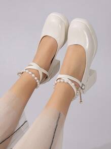 女士 Merry Jane 软皮高跟鞋，优雅交叉带珍珠装饰时尚高跟鞋，舒适软底米色皮鞋，简约百搭