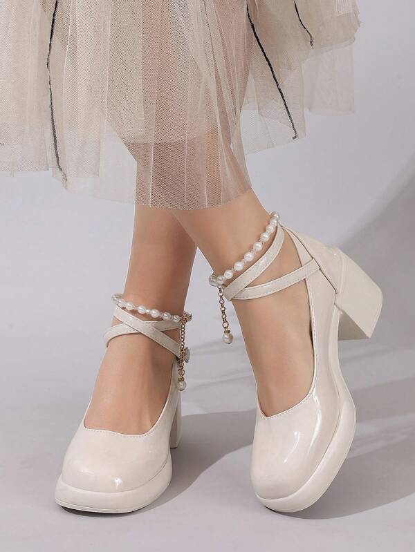 Women Merry Jane Soft Leather High Heel Pumps, Elegant Criss-Cross Strap Pearl Embellished Fashion High Heels, Comfortable Soft Bottom Beige Leather Shoes, Simple & Versatile