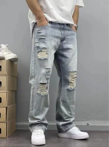 Teenage Boy's Distressed Denim Jeans, Teen Boy Casual Elastic Waist Pants, Spring Autumn New Arrival