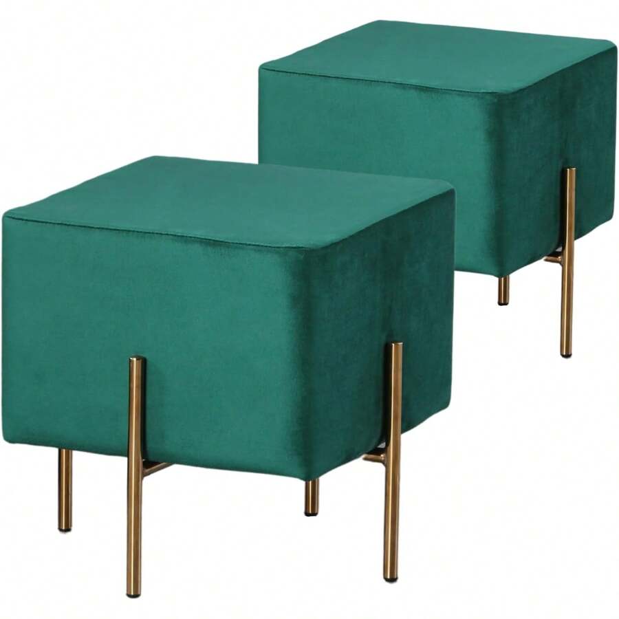 Ottoman Velvet Stool Set Of 2, Modern Emerald Green Vanity Stool Square, Contemporary Foot Stool Ottoman, Upholstered Foot Rest Ottoman Cube With Gold Metal Legs (Green) - Green - View 1