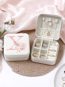 A-Z Floral Letter Pattern Travel Jewelry Box, Portable Zipper Travel Jewelry Storage Box, Gift Box For Women, PU Leather Waterproof Jewelry Box For Rings, Pendants, Earrings, Necklaces, Etc. - Gift Boxes For Girls And Women, Sun Travel Cool Back To School
