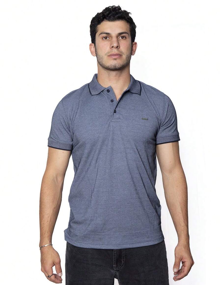 MAREZZI COUTURE SLIM FIT POLO SHIRT WITH DETAILS ON THE NECK AND SLEEVE - Navy Blue - View 1