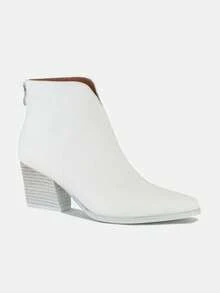Women's Casual Point Toe Booties Trendy PU Leather Ankle Boots White Chunky Heel High-Quality Footwear Ideal For All Season Any Occasion Formal Wear