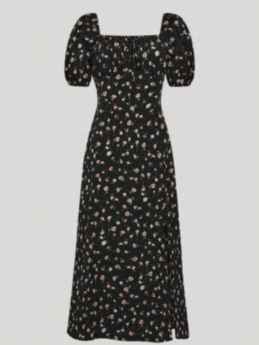 Women's Loose-Fitting Dress With Discreet Floral Print And Thigh Slit And Puff Sleeves - màu đen - Xem 1