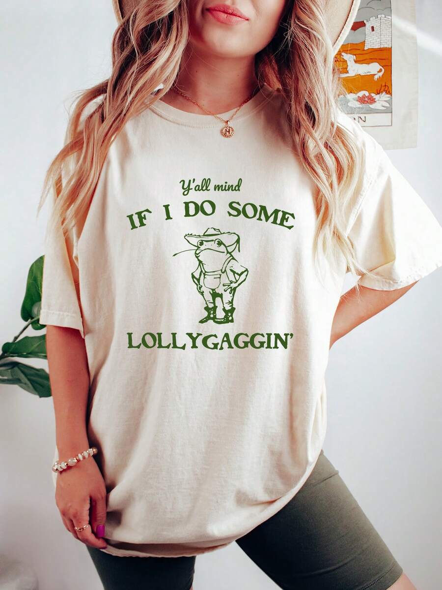 Women Basic Round Neck Short Sleeve Vintage Frog Print Casual T-Shirt