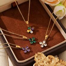 1 Stück Halskette aus 18 K Perlengold überzogenem Edelstahl mit 4-Blatt-Blume und kubischem Zirkonia, Luxus Damenmode, geeignet für Party, Date, Büro