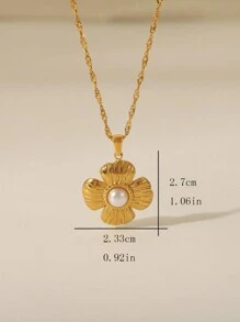 1 件欧美简约花卉四叶草圆形珍珠吊坠项链，适合女性休闲、度假、约会、聚会等场合佩戴 - 金色 - 查看 6