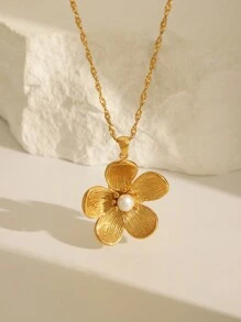 1 件欧美简约花卉四叶草圆形珍珠吊坠项链，适合女性休闲、度假、约会、聚会等场合佩戴 - 金色 - 查看 2
