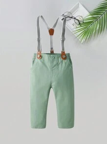 BOARNSEORL 2 piezas Conjunto de caballero para niños pequeños, camisa de manga larga con estampado aleatorio con pajarita y pantalones con tirantes, de moda y para fiesta de cumpleaños, boda, bautizo