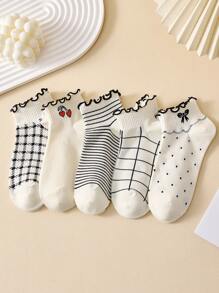 4 Pairs Black And White Women Ruffle Trim Ankle Socks With Patterns: Cherry, Bow, Stripe, Plaid, Heart, Elegant Socks Suitable For Spring And Summer - Multicolor - View 5