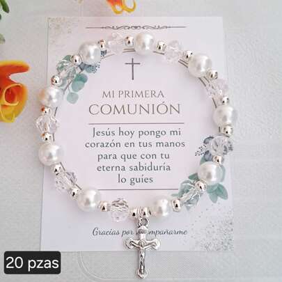 Pulseras ajustables Recuerdo Primera Comunión Perla Blanca con bolsita de celofán