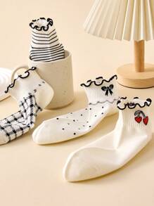 4 Pairs Black And White Women Ruffle Trim Ankle Socks With Patterns: Cherry, Bow, Stripe, Plaid, Heart, Elegant Socks Suitable For Spring And Summer - Multicolor - View 7