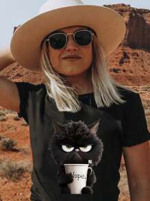 卡通图案印花休闲女士T恤，春夏时尚女士上衣，夏季上衣，女士夏装，图案T恤女上衣