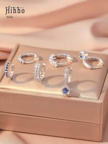 Hihho 6 件套优雅蓝宝石蓝色闪亮方晶锆石镶嵌经典双环吊坠耳环，女士珠宝礼品套装，适合约会、情人节礼物、妈妈、母亲、母亲节、礼物 - 銀色 - 查看 3