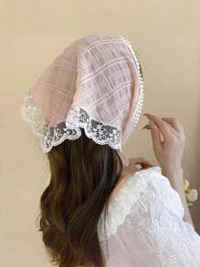 1件套蕾丝头巾，复古三角围巾，法式飘带发带，防晒发髻帽，丝巾，女士头巾帽，田园优雅发带，蕾丝边发饰，连衣裙配饰 - 米色 - 查看 10