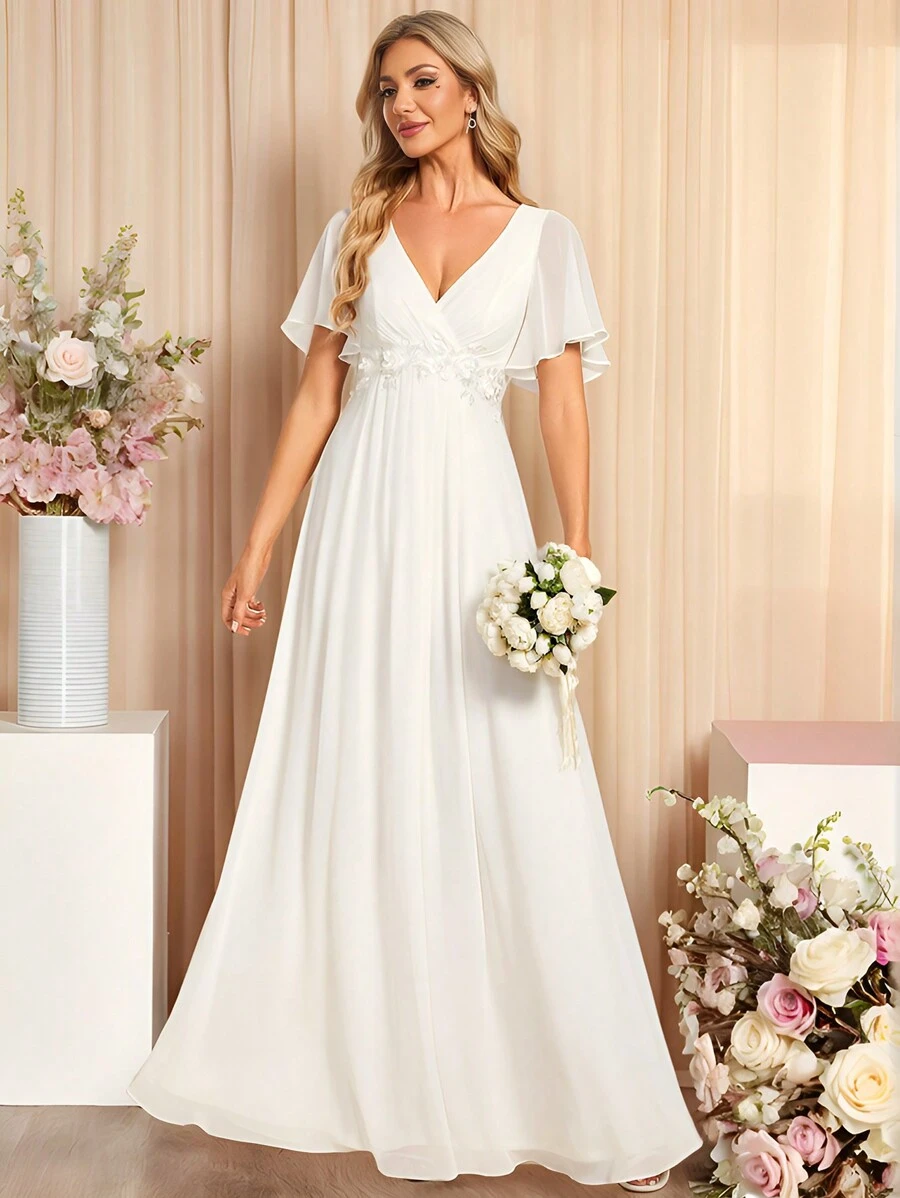 Elegant Chiffon V-Neck Short Sleeve Applique Dress, Single Party Dress, Bridal Wedding Gown, White Dress, Bridal Shower Dress, Engagement Dress - White - View 1