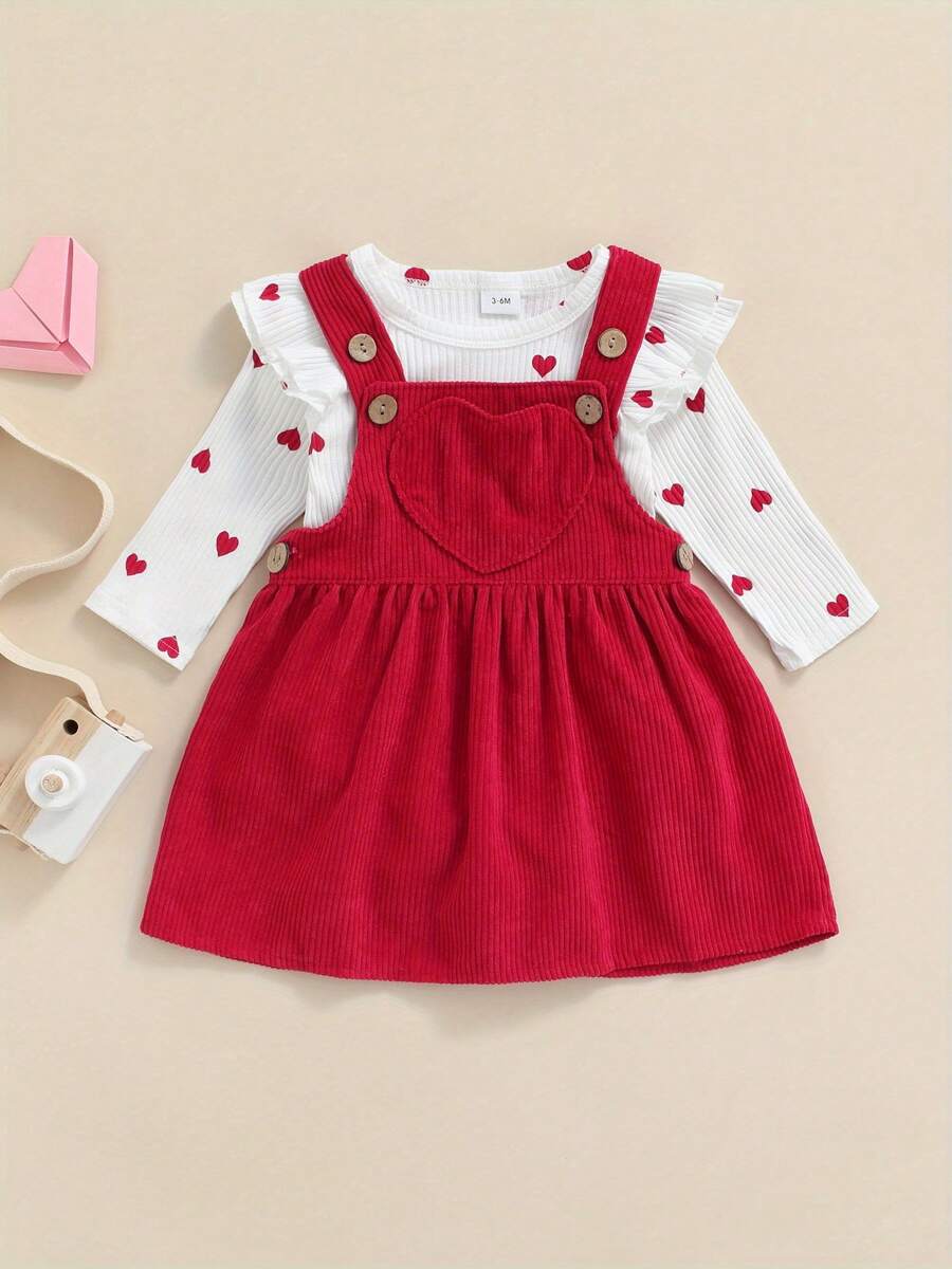 Baby Girls 2 Piece Suit Heart Pattern Ruffle Long Sleeve Round Neck Romper + Suspender Skirt - Red - View 1