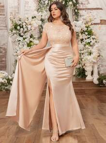 Đầm dạ hội dài size lớn, phối ren hoa đính sequin, nhún xếp nếp, rủ, xẻ đùi, gấu đùi, chất liệu satin, phong cách trang trọng, váy dự tiệc tối, váy khách mời đám cưới, cho lễ tốt nghiệp - Rượu sâm banh - Xem 5