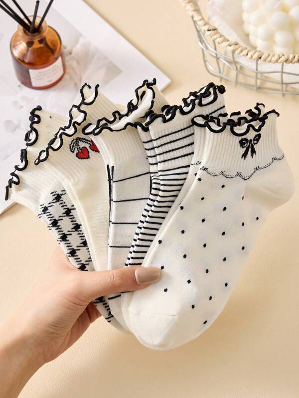 4 Pairs Black And White Women Ruffle Trim Ankle Socks With Patterns: Cherry, Bow, Stripe, Plaid, Heart, Elegant Socks Suitable For Spring And Summer