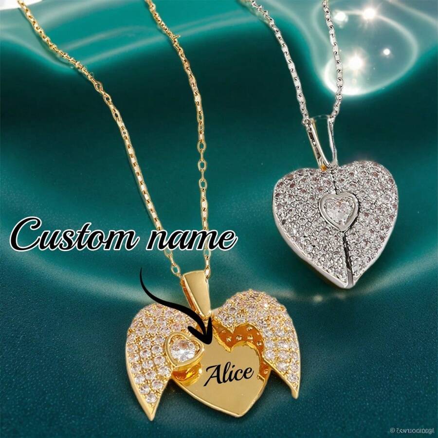 Collier pendentif personnalisé avec nom gravé, cœur et aile - Bijou en cristal personnalisé, en acier au titane, convient comme cadeau pour la Saint-Valentin, l'anniversaire, la petite amie, l'anniversaire de mariage et la Fête des Mères - Multicolore - Voir 1