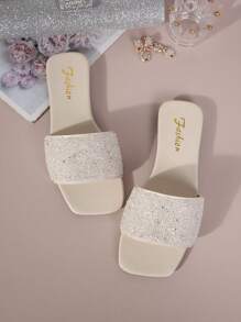 Plus Size Women Slip-On Rhinestone Decor Sandals, Casual Versatile Outdoor Plastic Flat Slippers