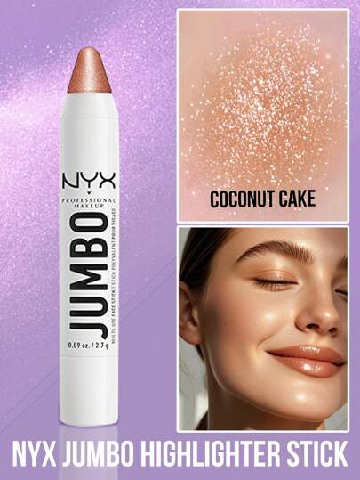  NYX 巨型高光棒，椰子蛋糕色，提供高光效果，均匀遮盖，持久光泽，蕴含荷荷巴油，无需削尖，旋转式设计，便携易用，适合日常使用，提升面部轮廓。