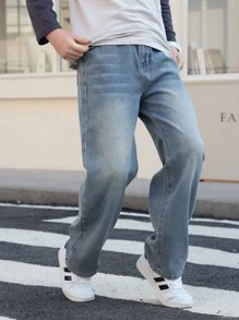 Teenage Boys' Blue Denim Jeans, Teen Boy Spring New Simple Straight Leg Loose Casual Pants - Medium Wash - View 6