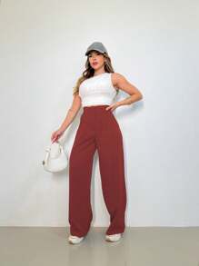 MO WOMEN'S FASHION - 3271, WOMEN'S TAILORED PANTS, HIGH WAIST, PANTALON, ELEGANT, CASUAL, EVERYDAY, WORK, SUPER CASUAL. - Burdeos - Ver 3