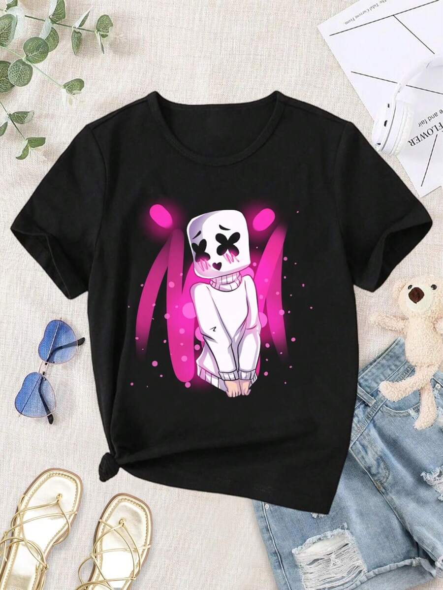 Lovers T-shirts Marshmello Girl Cute Music Art T-Shirt (Marshmello Alone Marshmello Smile Mello Neon UwU) for Women - Negro - Ver 1