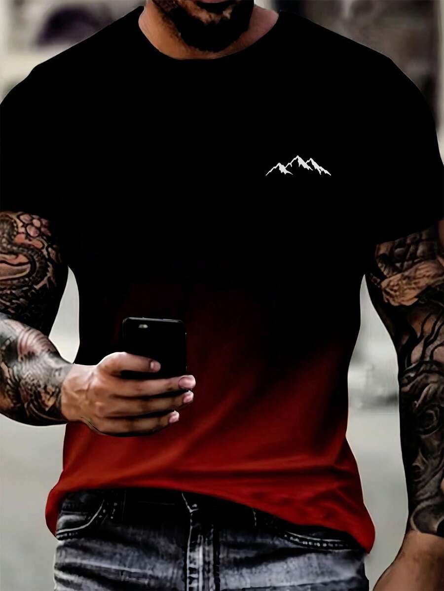 Men's Casual Minimalist Ombre Crew Neck Short Sleeve T-Shirt - Red - View 1