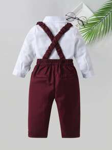 BOARNSEORL 2pcs Baby Boys Gentleman Outfit, Long Sleeve Shirt With Bow Tie And Suspender Pants, Fashionable, Suitable For Wedding, Party, Birthday, Anniversary - Burgundy - View 3