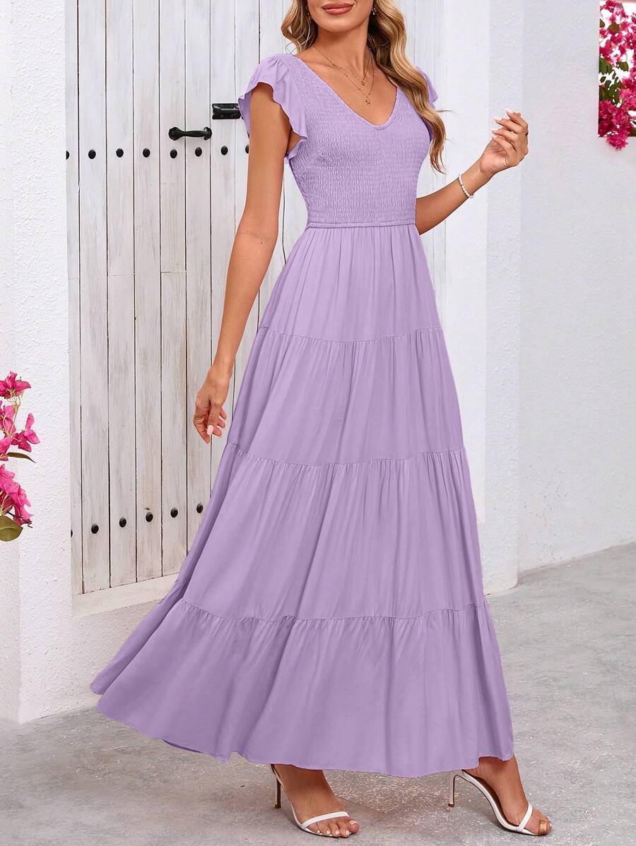 Women's Summer Flowy Long Dress Casual Covered Sleeve V-Neck Pleated Beach Sundress - Tím xám - Xem 1