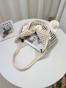 ENBEI 大容量镂空钩编手提包，复古时尚钩编包，女士秋季手提包，沙滩包，花卉装饰，节日必备，母亲节礼物，适合大学、户外、野餐，便携，适合少女和女学生，适合办公室、大学、度假和日常使用，旅行必备，学习用品，圣诞礼物 - 米色 - 查看 5