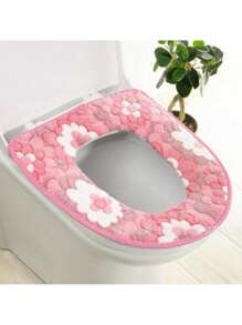 Waterproof Universal Coral Fleece Toilet Mat With Petals Pattern, Toilet Seat Cover With Adhesive Strap, Home Toilet Cushion Bathroom Decor Summer
