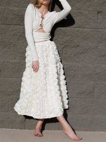 GLOURI Women's 3D Rose Appliqué Skirt With Lined Pockets, A-Line Midi High Waist Stretch Skirt For Casual/Wedding/Party, Breathable Lace Trimmed Semi-Formal Skirts (Black/Beige/Fuchsia) - 米色 - 查看 1