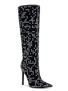 RevReaL Women's Black Rhinestone Knee-High Boots - Black - View 1