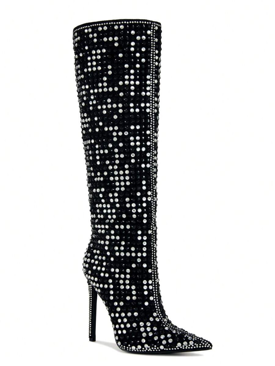RevReaL Women's Black Rhinestone Knee-High Boots - Black - View 1
