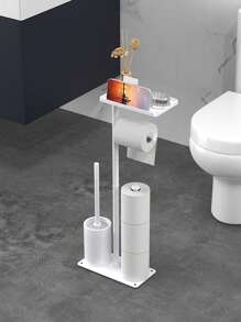 1 Set, Independent Bathroom Toilet Paper Holder With Toilet Cleaning Brush, Storage Tray And Phone Holder, Space Saving Bathroom Supplies Organizer, Multifunctional White/Black Bathroom Roll Paper Storage Rack Bathroom Accessories Bathroom Tools - Multicolor - View 3