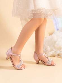 Girls Sandals Ankle Strap T-Strap Low Heel Pearl Bow Flower Pump Dress Wedding Party Shoes For Little Kid/Big Kid - 粉色 - 查看 3