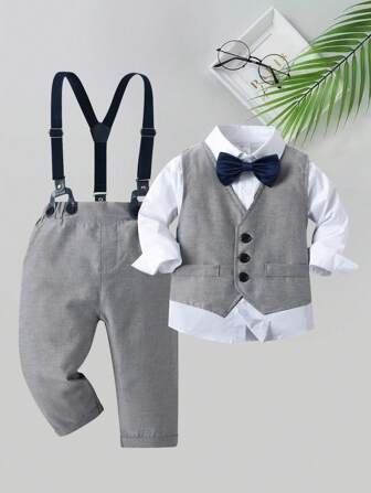 3pcs Baby Boy Gentleman Outfit Set: White Long Sleeve Shirt With Bow Tie + Grey Vest And Pants, Suitable For Birthday Party, Wedding, Christening, 1st Birthday