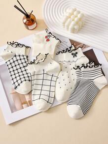 4 Pairs Black And White Women Ruffle Trim Ankle Socks With Patterns: Cherry, Bow, Stripe, Plaid, Heart, Elegant Socks Suitable For Spring And Summer - Multicolor - View 4