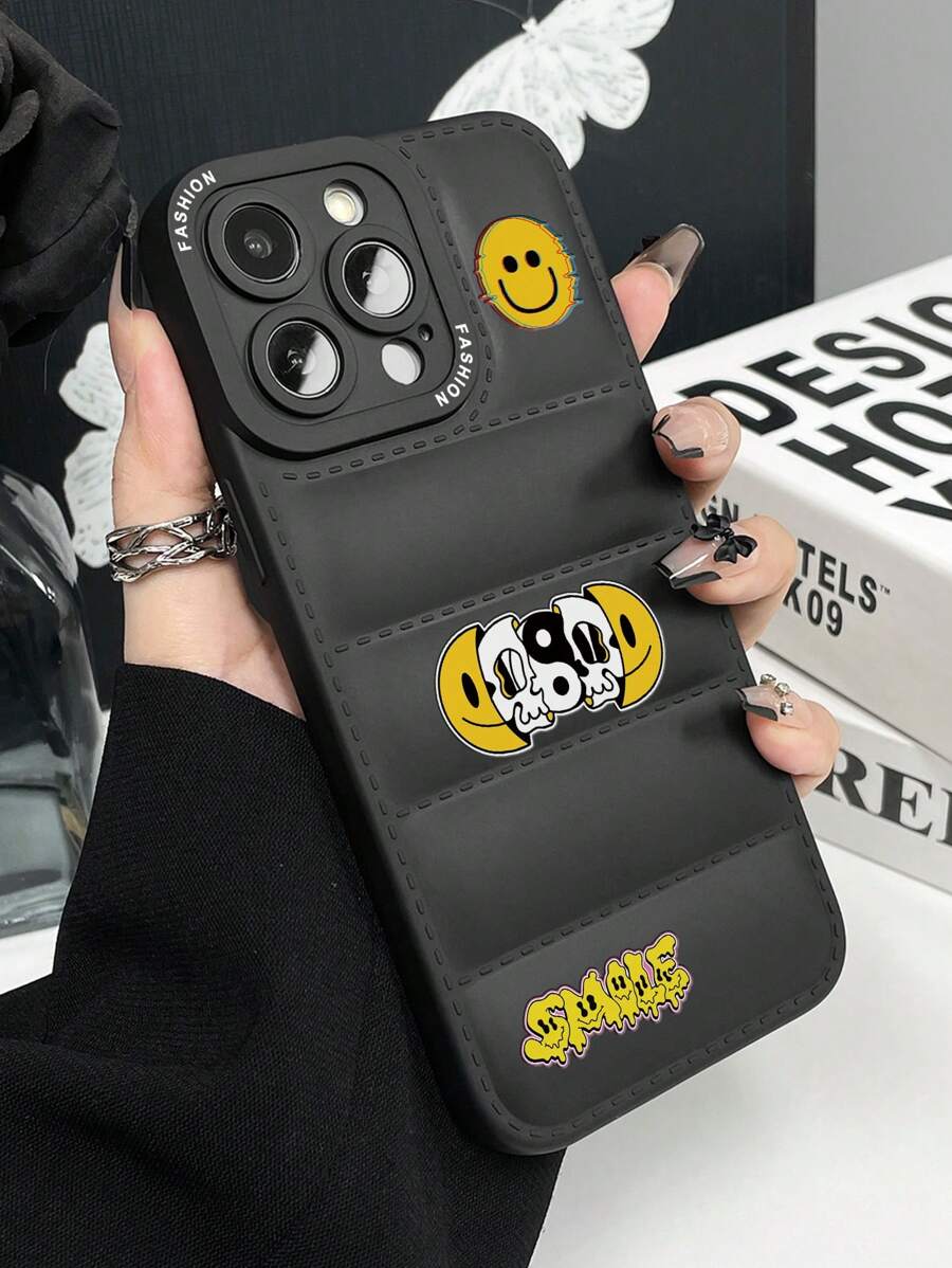 1pc Stylish Anti-Fall Puffy Down Jacket Smile & Letter Print Phone Protective Case, Compatible With Apple, Redmi Series - Multicolor - View 1