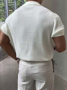 Men's Hollow Out Design Knitted Polo Shirt, Minimalist Style Suitable For Summer, Old Money Style - White - View 7