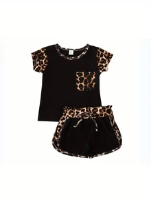 Conjunto de ropa con estampado de leopardo para bebé, camiseta de manga corta con cuello redondo y bolsillo para niña + pantalones cortos con cordón para verano. - Negro - Ver 8